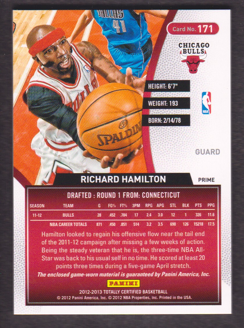 2012-13 Totally Certified Red Materials Prime #171 Richard Hamilton back image