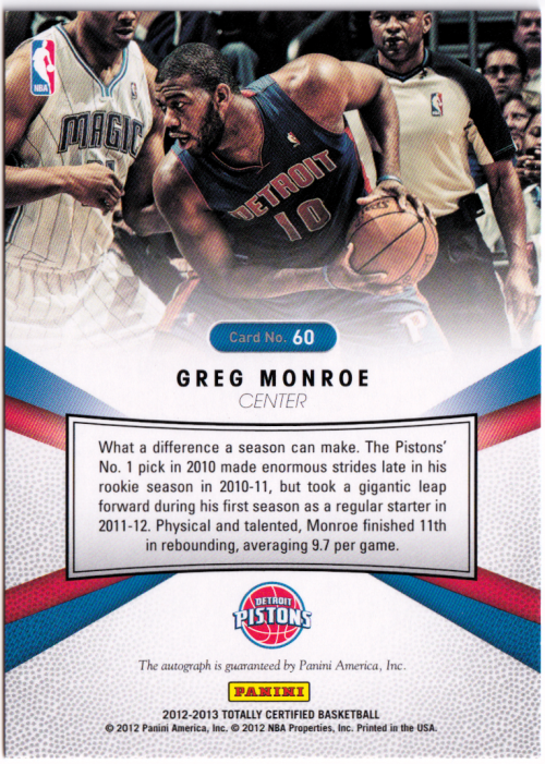 2012-13 Totally Certified Red Autographs #60 Greg Monroe back image