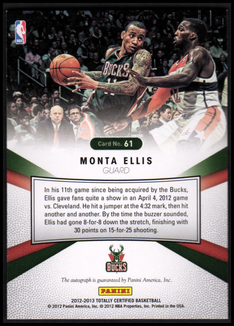 2012-13 Totally Certified Red Autographs #61 Monta Ellis back image