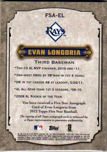 2012 Topps Five Star Active Autographs #EL Evan Longoria/106 back image