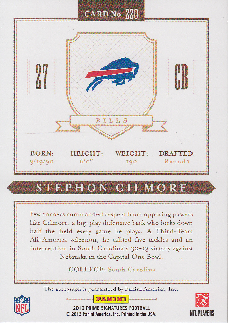 2012 Prime Signatures #220 Stephon Gilmore AU/199 RC back image