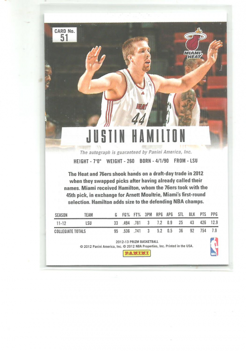 2012-13 Panini Prizm Autographs #51 Justin Hamilton back image