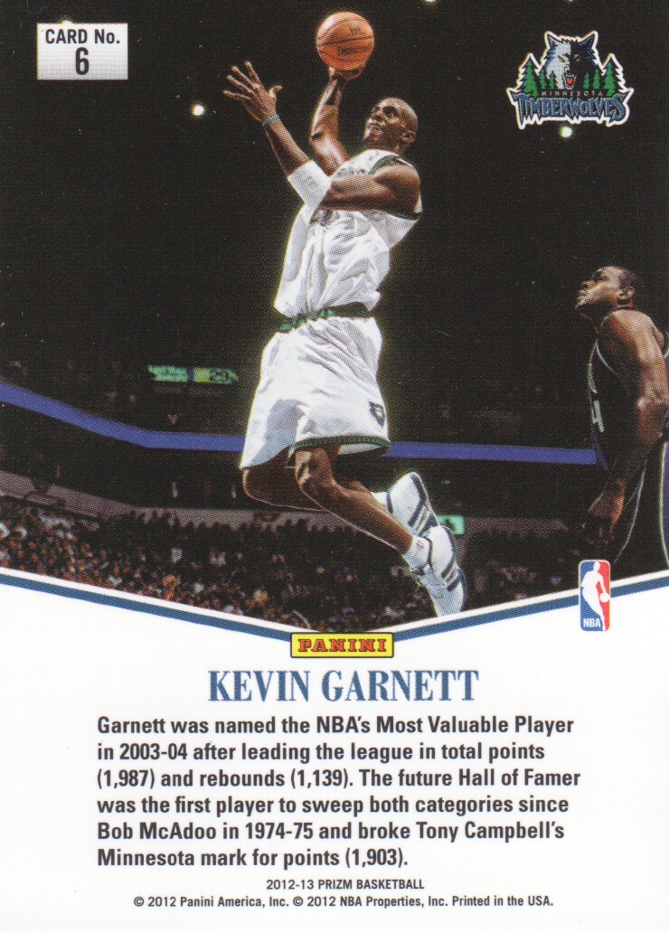 2012-13 Panini Prizm Most Valuable Players #6 Kevin Garnett back image