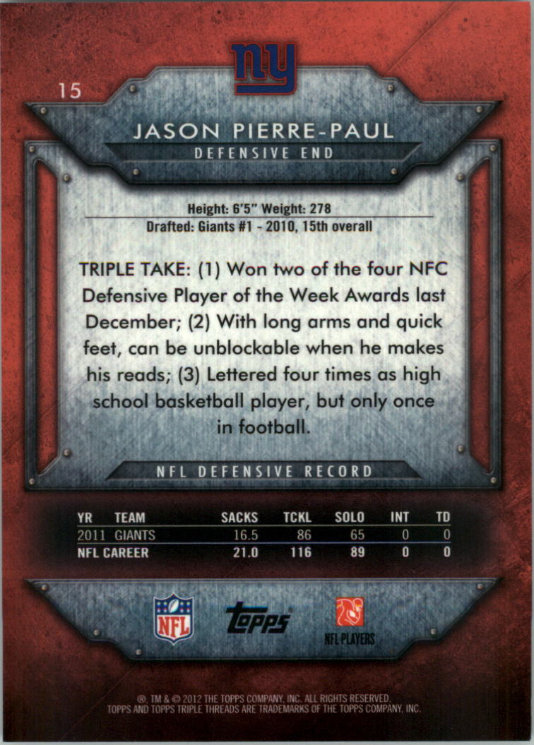2012 Topps Triple Threads #15 Jason Pierre-Paul back image