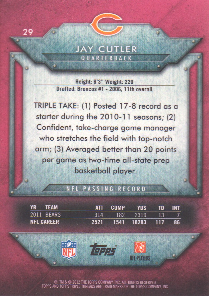 2012 Topps Triple Threads #29 Jay Cutler back image