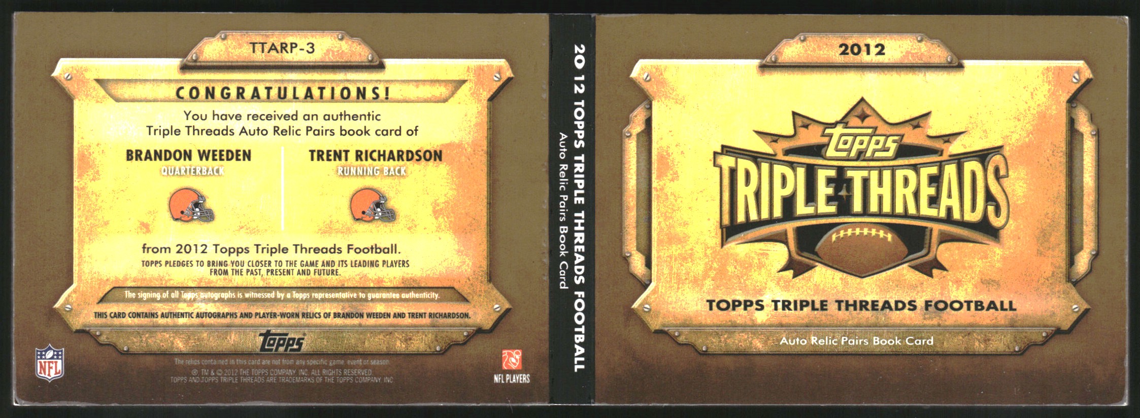 2012 Topps Triple Threads Autographed Relic Pairs Gold #TTARP3 Brandon Weeden/Trent Richardson