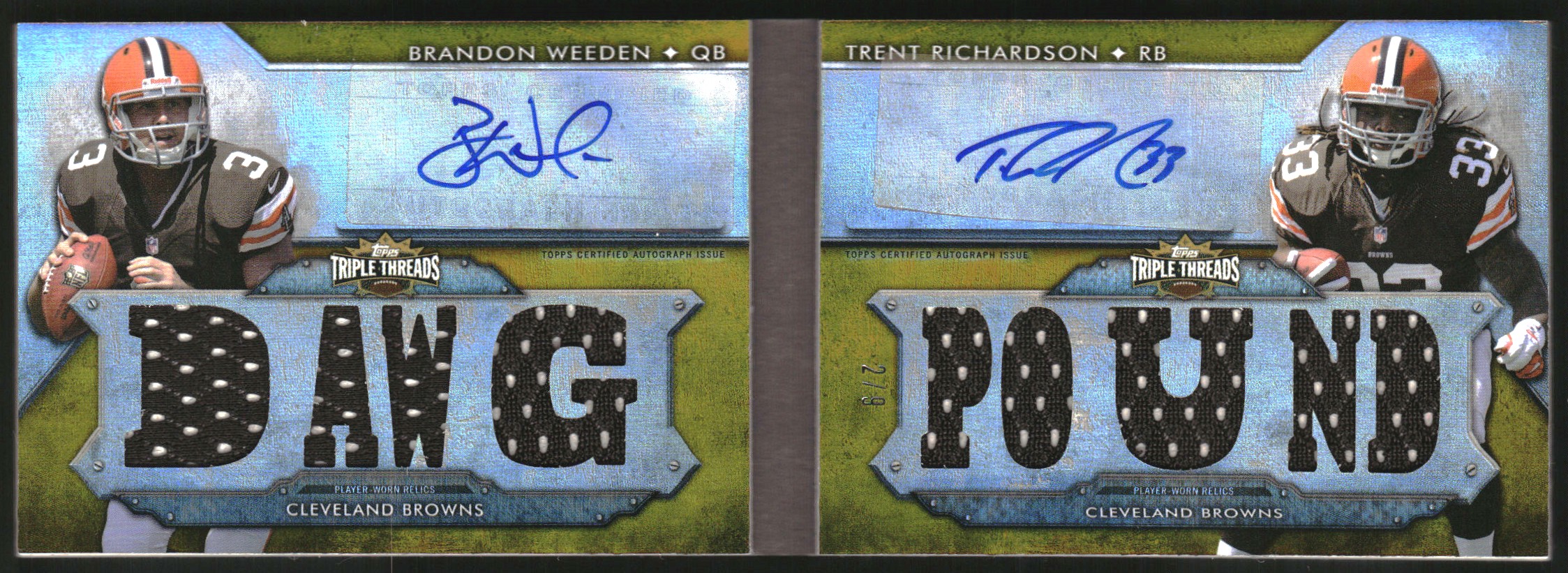 2012 Topps Triple Threads Autographed Relic Pairs Gold #TTARP3 Brandon Weeden/Trent Richardson