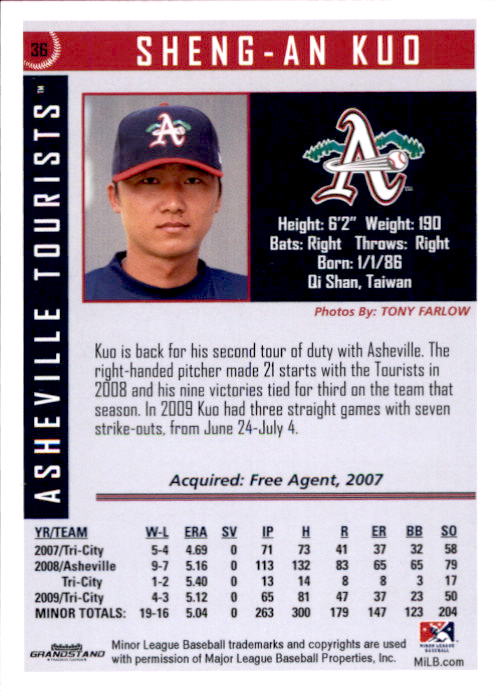 2010 Asheville Tourists Grandstand #11 Sheng-An Kuo back image