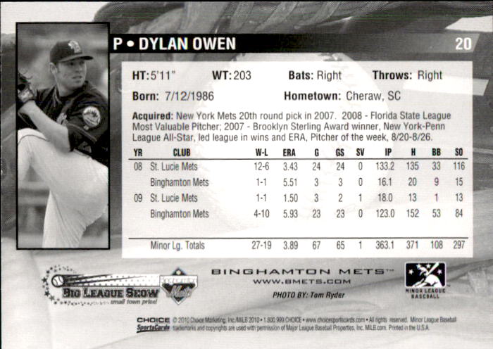 2010 Binghamton Mets Choice #20 Dylan Owen - NM