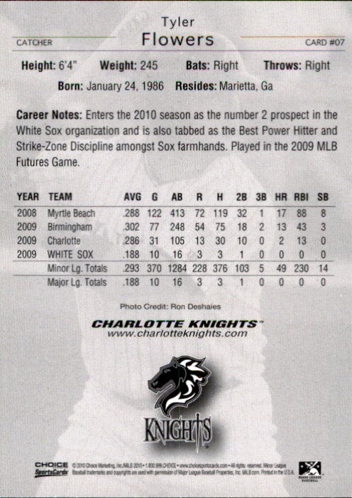 2010 Charlotte Knights Choice #7 Tyler Flowers back image