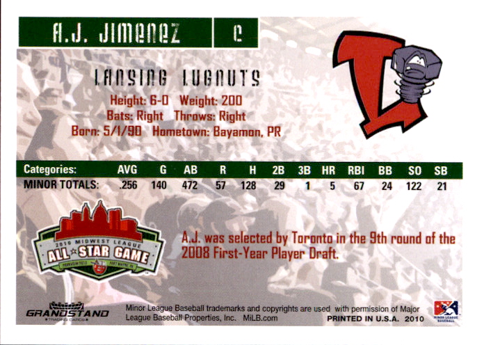 2010 Midwest League All-Stars Eastern Division Grandstand #10 A.J. Jimenez back image