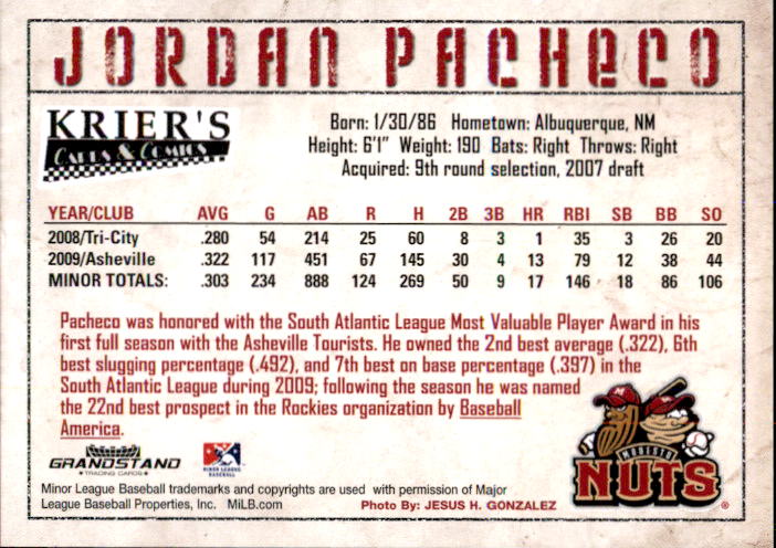 2010 Modesto Nuts Grandstand #16 Jordan Pacheco back image