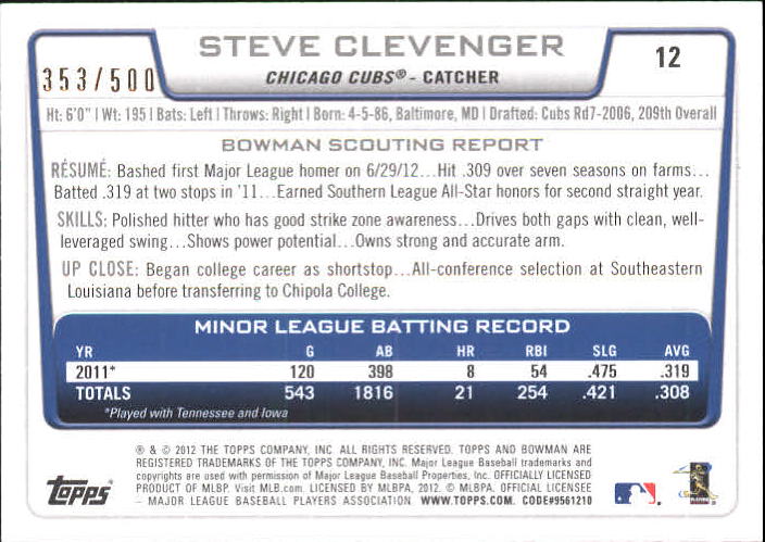 2012 Bowman Draft Blue #12 Steve Clevenger back image