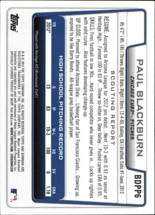 2012 Bowman Draft Draft Picks Silver Ice #BDPP6 Paul Blackburn back image