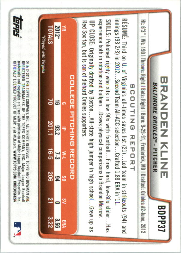 2012 Bowman Draft Draft Picks Silver Ice #BDPP37 Branden Kline back image