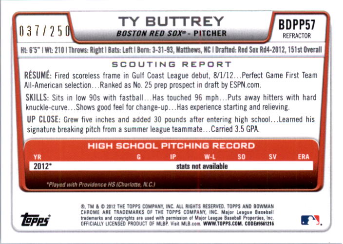 2012 Bowman Chrome Draft Draft Picks Blue Refractors #BDPP57 Ty Buttrey back image