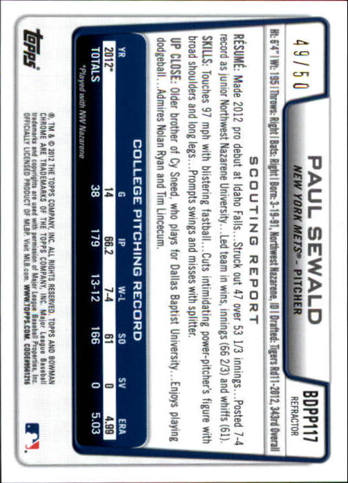 2012 Bowman Chrome Draft Draft Picks Gold Refractors #BDPP117 Paul Sewald back image