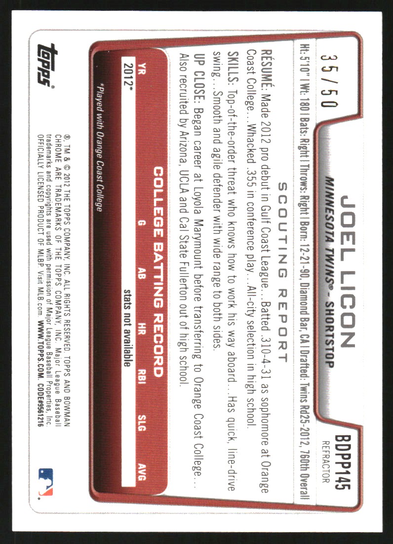 2012 Bowman Chrome Draft Draft Picks Gold Refractors #BDPP145 Joel Licon