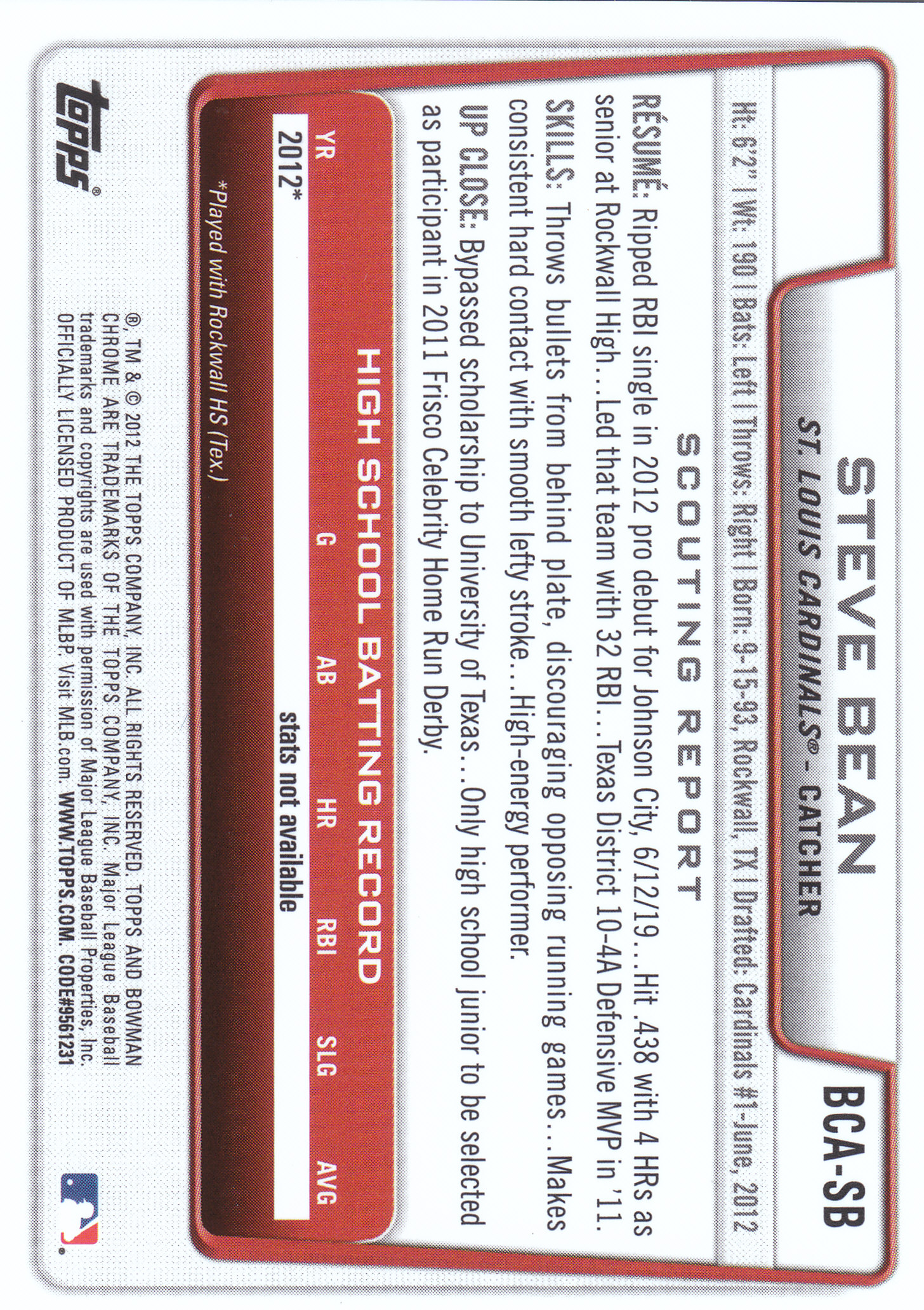 2012 Bowman Chrome Draft Draft Pick Autographs #SB Steve Bean back image