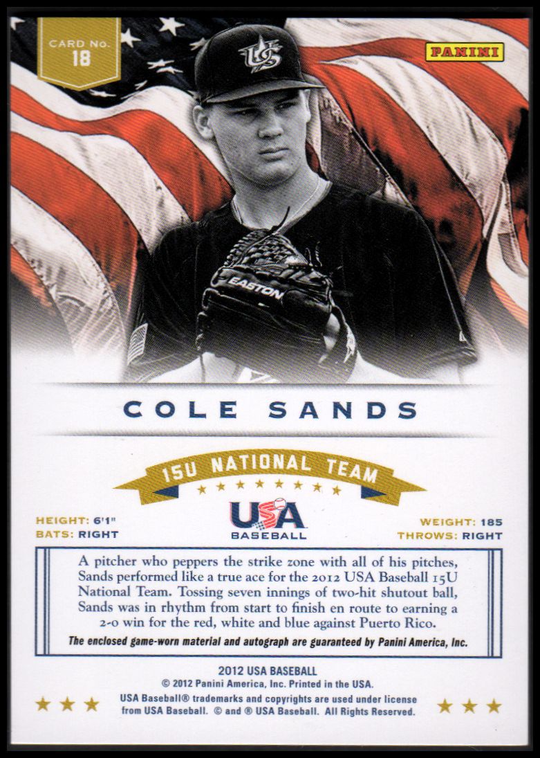 2012 USA Baseball 15U National Team Dual Jerseys Signatures #18 Cole Sands back image