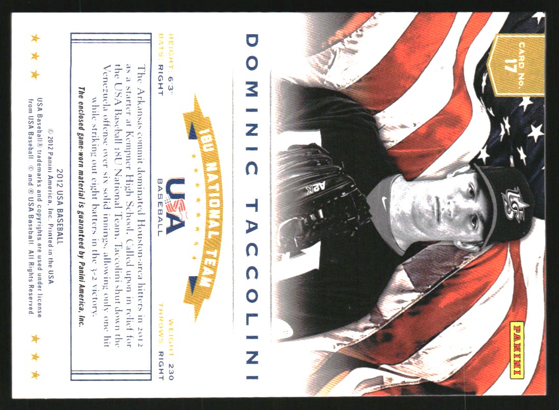 2012 USA Baseball 18U National Team Dual Jersey #17 Dominic Taccolini back image
