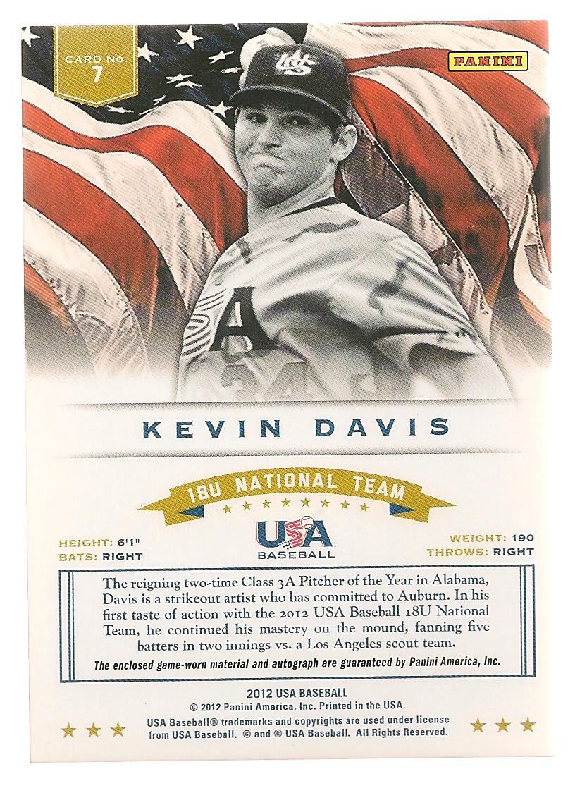 2012 USA Baseball 18U National Team Dual Jerseys Signatures #7 Kevin Davis back image