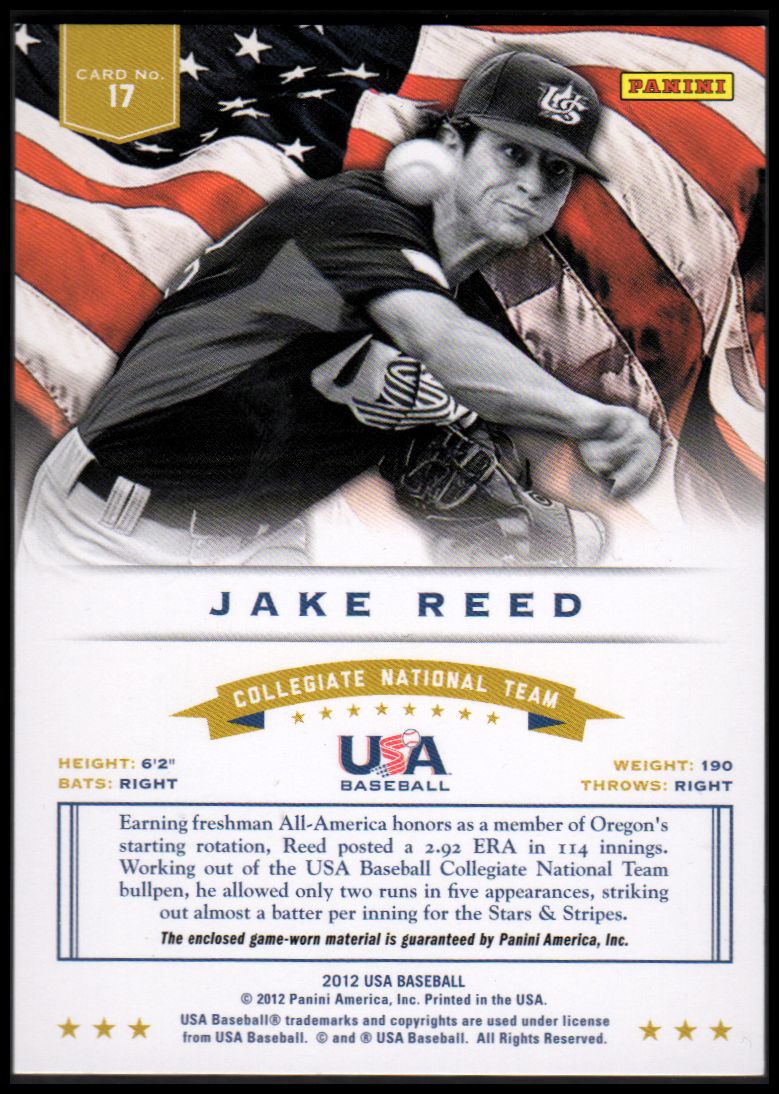 2012 USA Baseball Collegiate National Team Dual Jerseys #17 Jake Reed back image