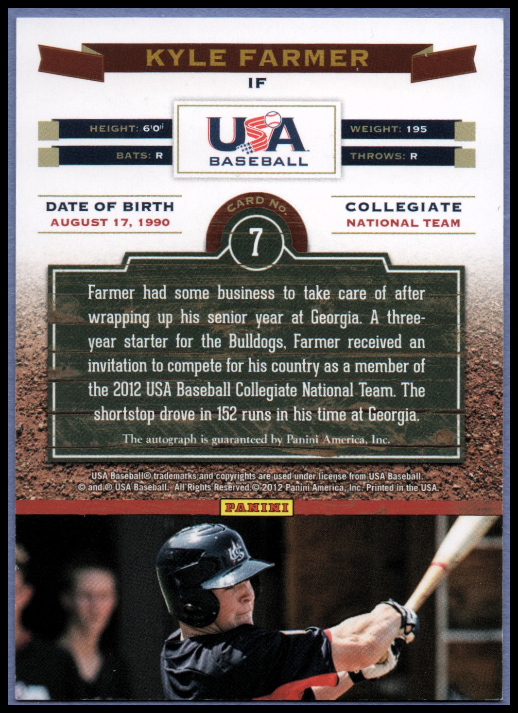 2012 USA Baseball Collegiate National Team Signatures #7 Kyle Farmer back image