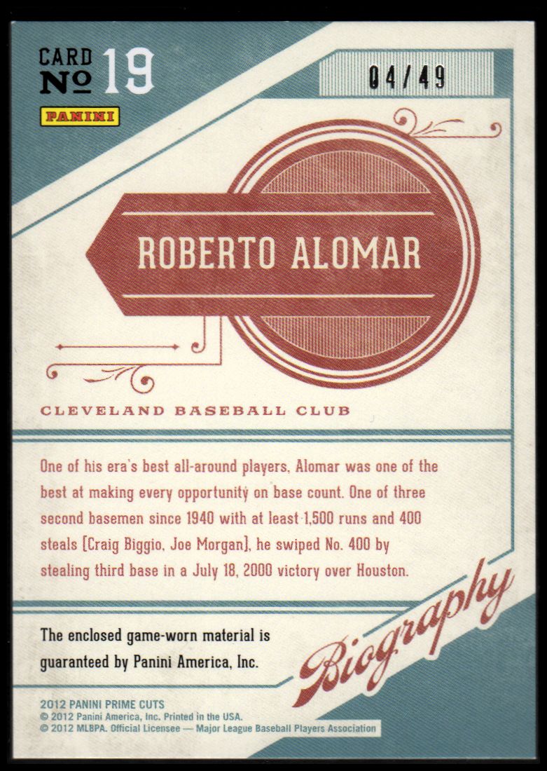 2012 Prime Cuts Biography Memorabilia #19 Roberto Alomar/49 back image