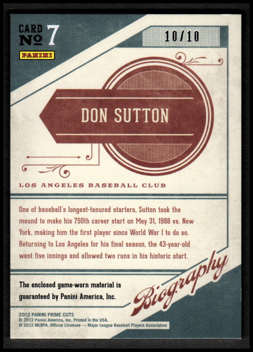 2012 Prime Cuts Biography Memorabilia Prime #7 Don Sutton/10 back image