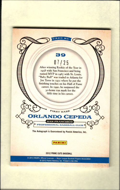 2012 Prime Cuts Significant Signatures #39 Orlando Cepeda/25 back image
