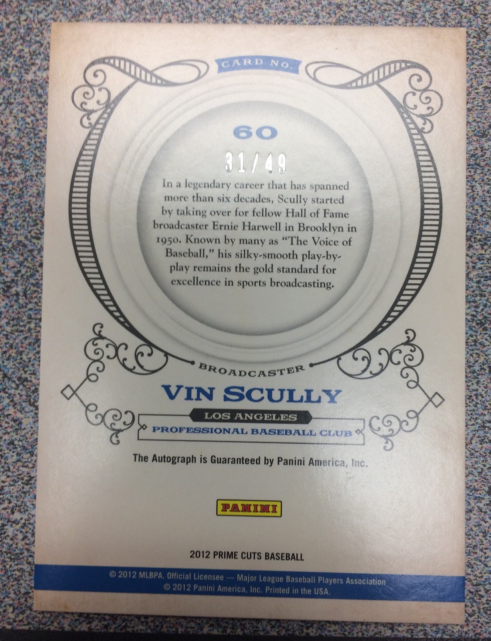2012 Prime Cuts Significant Signatures #60 Vin Scully/49 back image