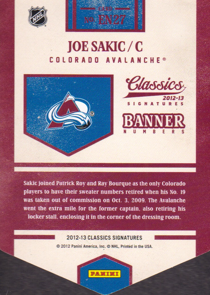 2012-13 Classics Signatures Banner Numbers #27 Joe Sakic back image