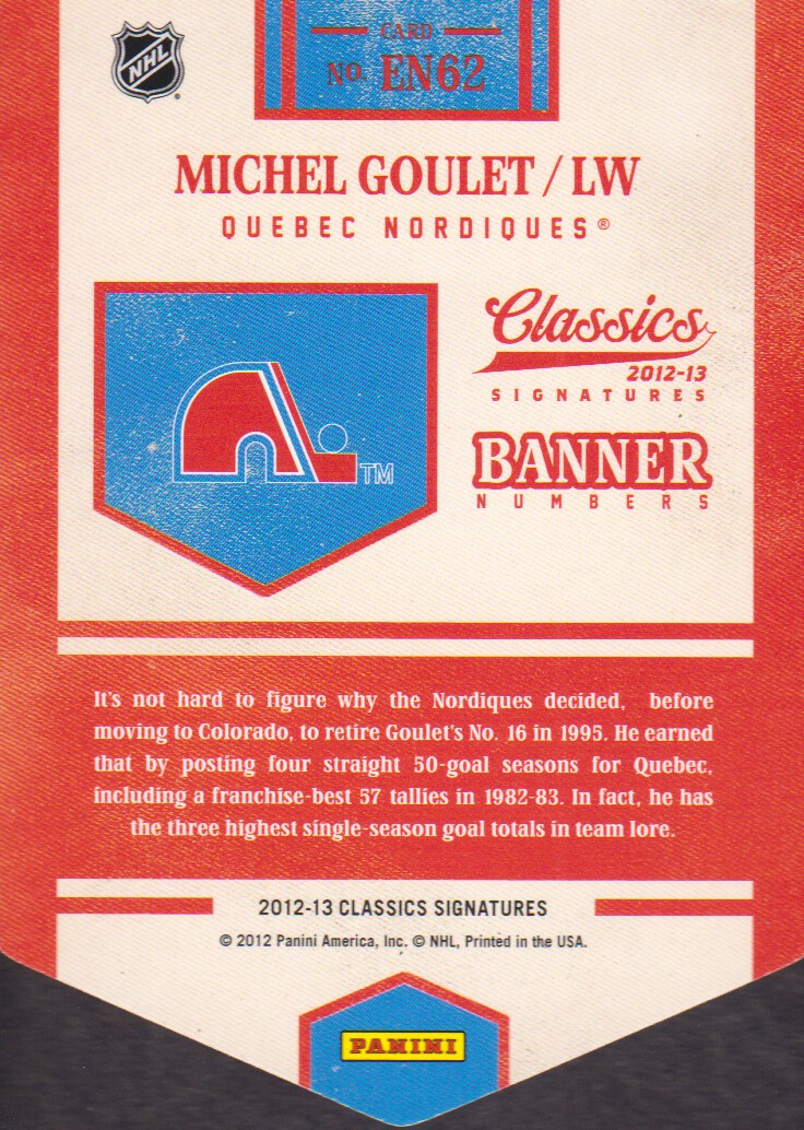 2012-13 Classics Signatures Banner Numbers #62 Michel Goulet back image