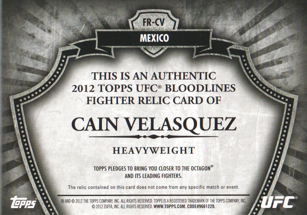 2012 Topps UFC Bloodlines Fighter Relics #FRCV Cain Velasquez back image