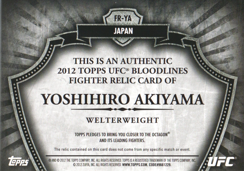 2012 Topps UFC Bloodlines Fighter Relics #FRYA Yoshihiro Akiyama back image