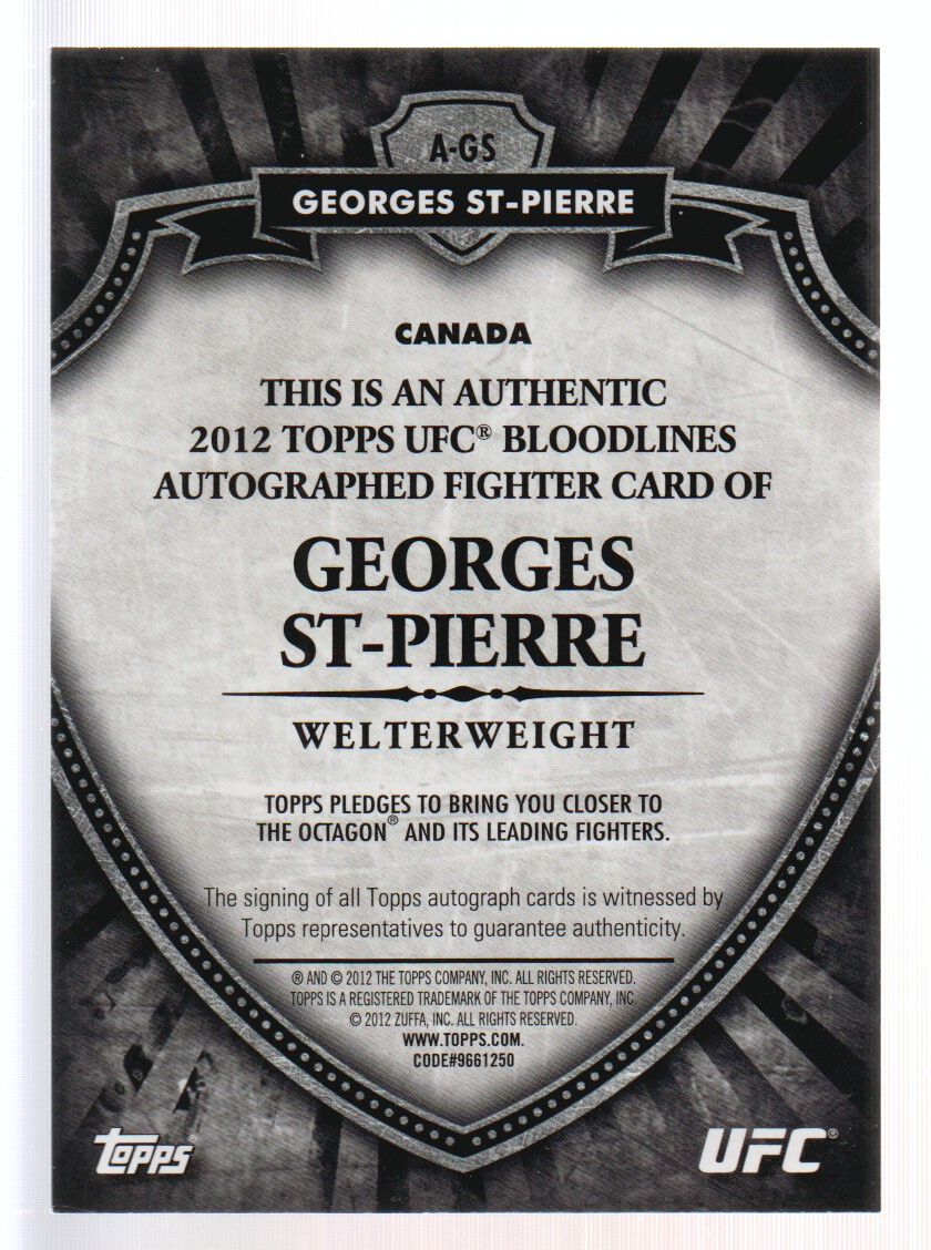 2012 Topps UFC Bloodlines Autographs #AGS Georges St-Pierre back image