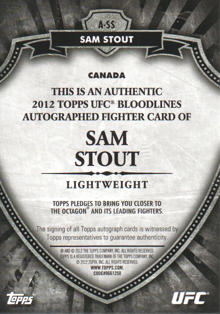 2012 Topps UFC Bloodlines Autographs #ASS Sam Stout/299 back image