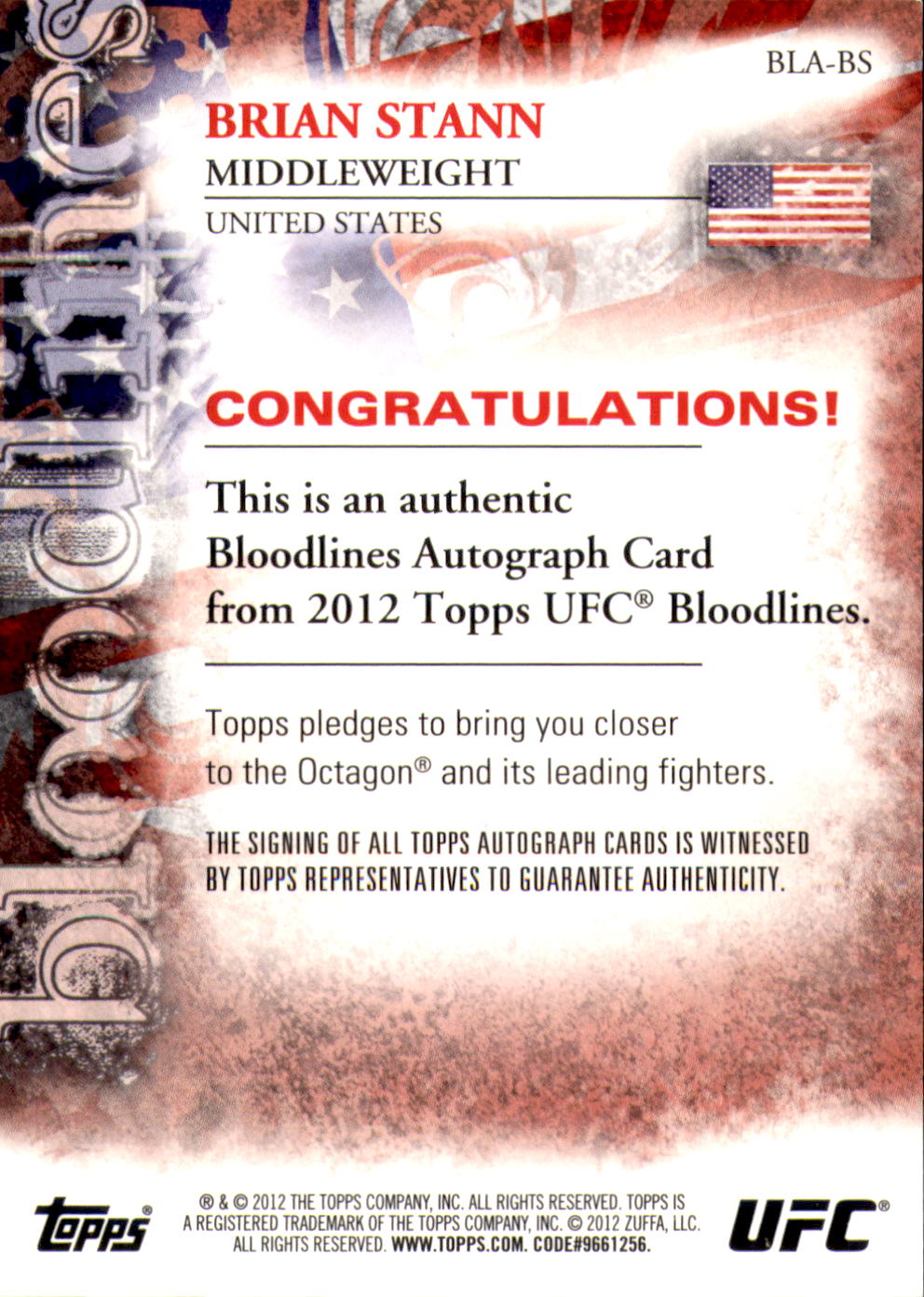 2012 Topps UFC Bloodlines Bloodlines Autographs #BLABS Brian Stann back image