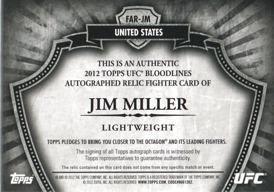 2012 Topps UFC Bloodlines Fighter Relics Autographs #FARJM Jim Miller/199 back image