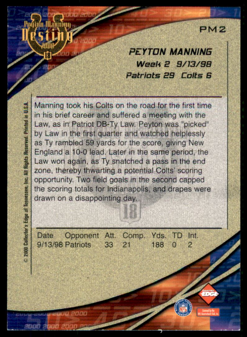 2000 Collector's Edge Peyton Manning Destiny Silver Holofoil #PM2 Peyton Manning back image