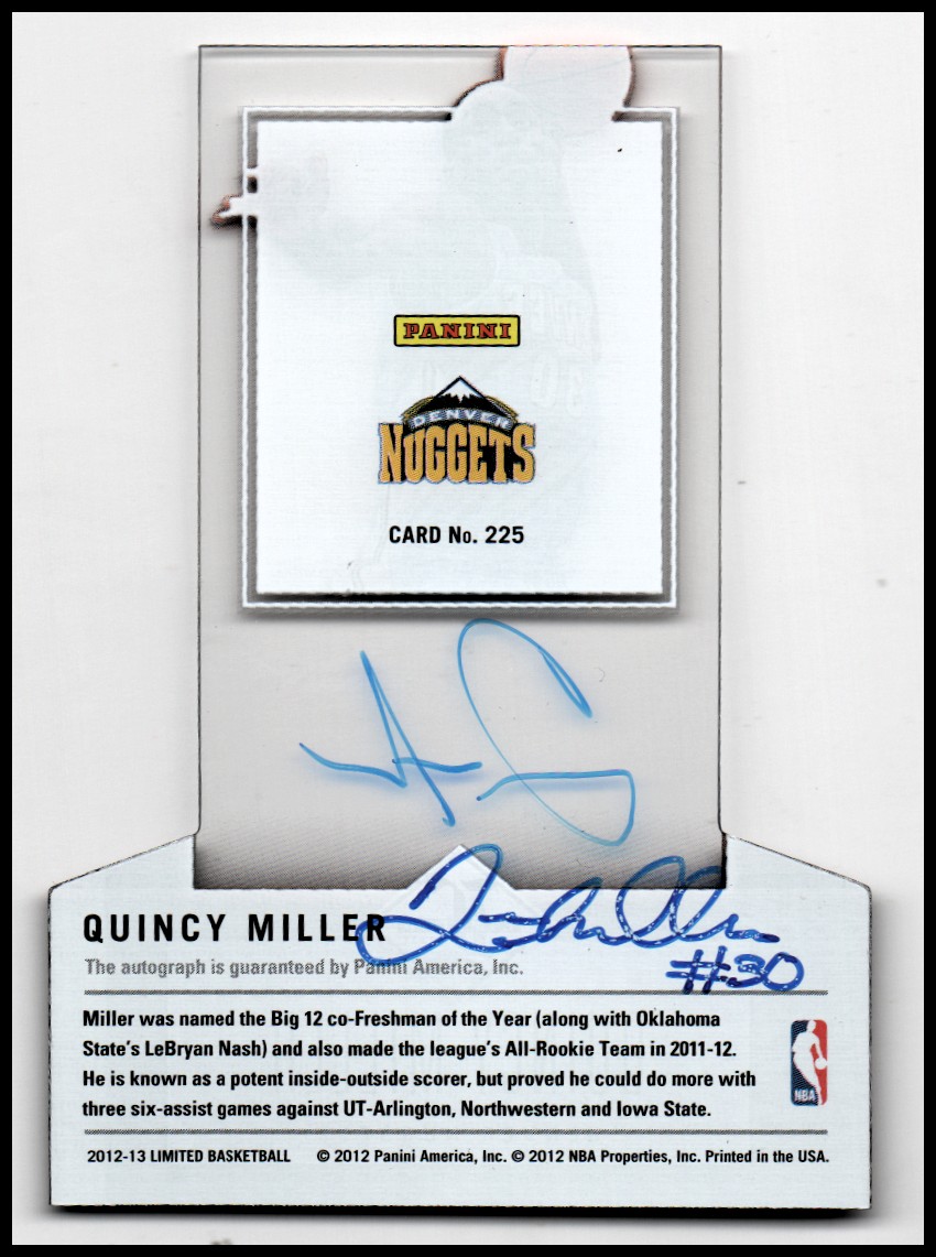2012-13 Limited #225 Quincy Miller AU/399 RC back image