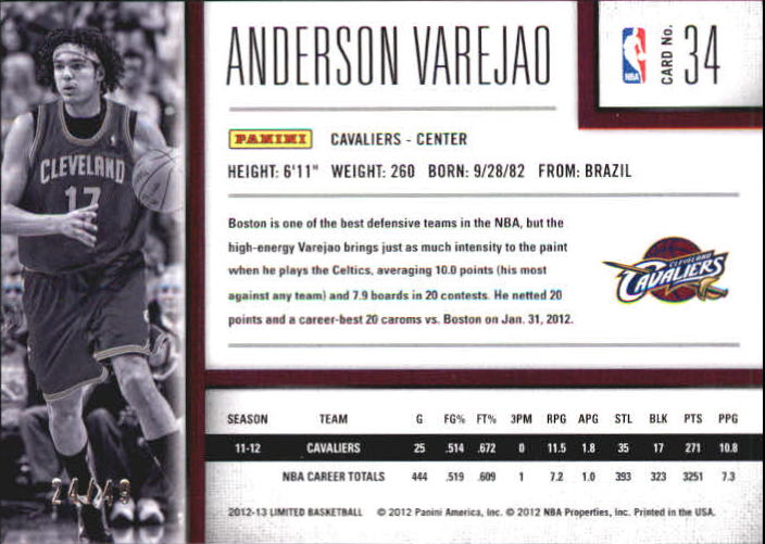 2012-13 Limited Silver Spotlight #34 Anderson Varejao back image