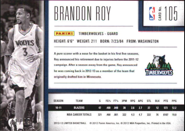 2012-13 Limited Silver Spotlight #105 Brandon Roy back image