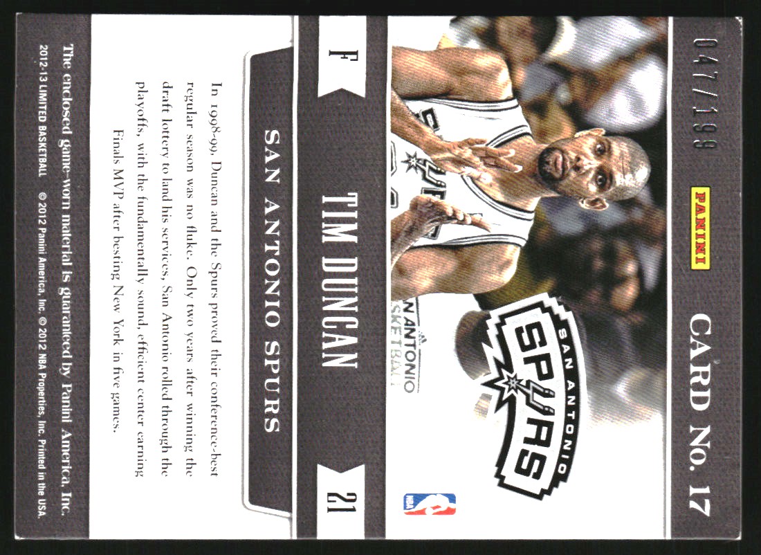 2012-13 Limited Curtain Call Materials #17 Tim Duncan/199 back image