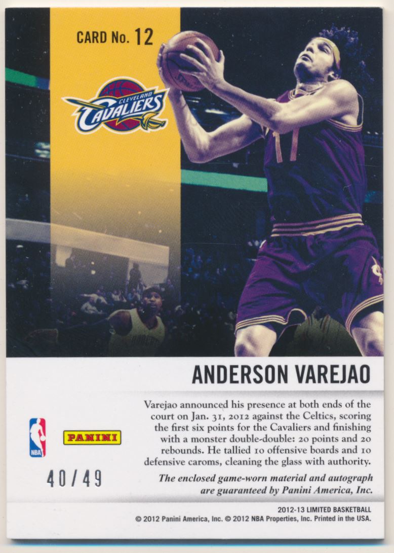2012-13 Limited Glass Cleaners Materials Signatures #12 Anderson Varejao/49 back image