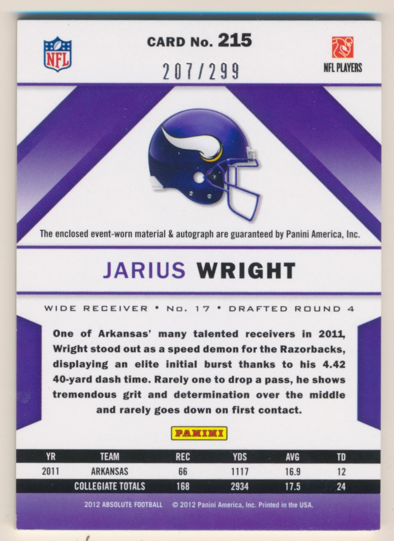 2012 Absolute #215 Jarius Wright JSY AU RC back image