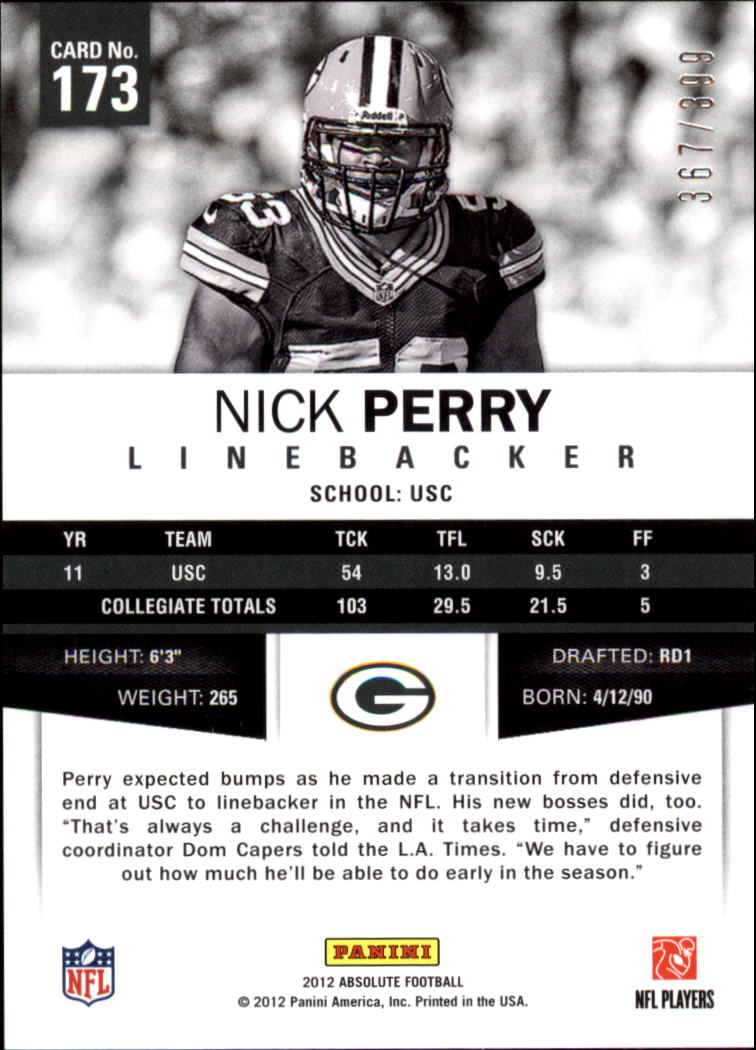 2012 Absolute #173 Nick Perry RC back image