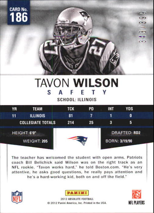 2012 Absolute #186 Tavon Wilson RC back image