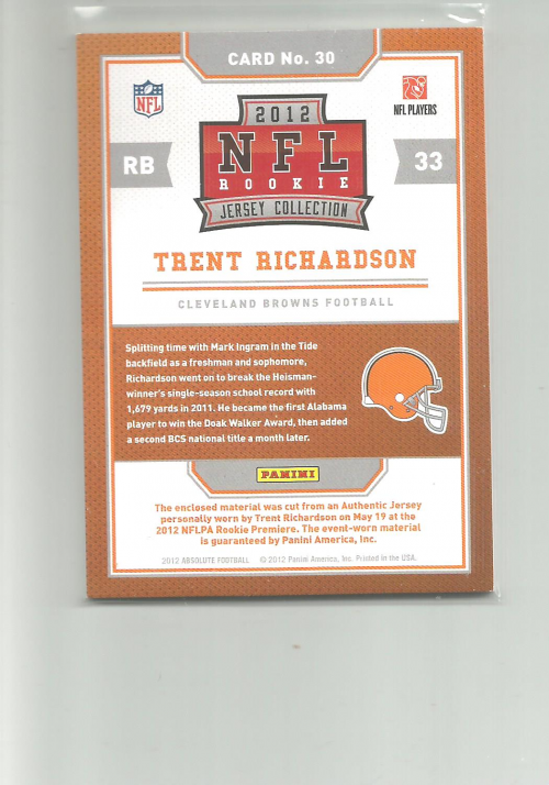 2012 Absolute Rookie Jersey Collection #30 Trent Richardson back image